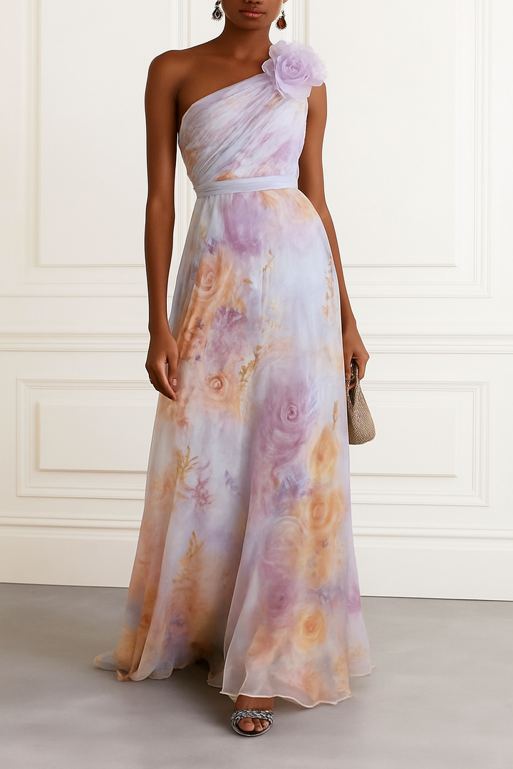 Verne Chiffon 3D Floral One Shoulder Pleated Sleeveless A-Line Gown Maxi Dress
