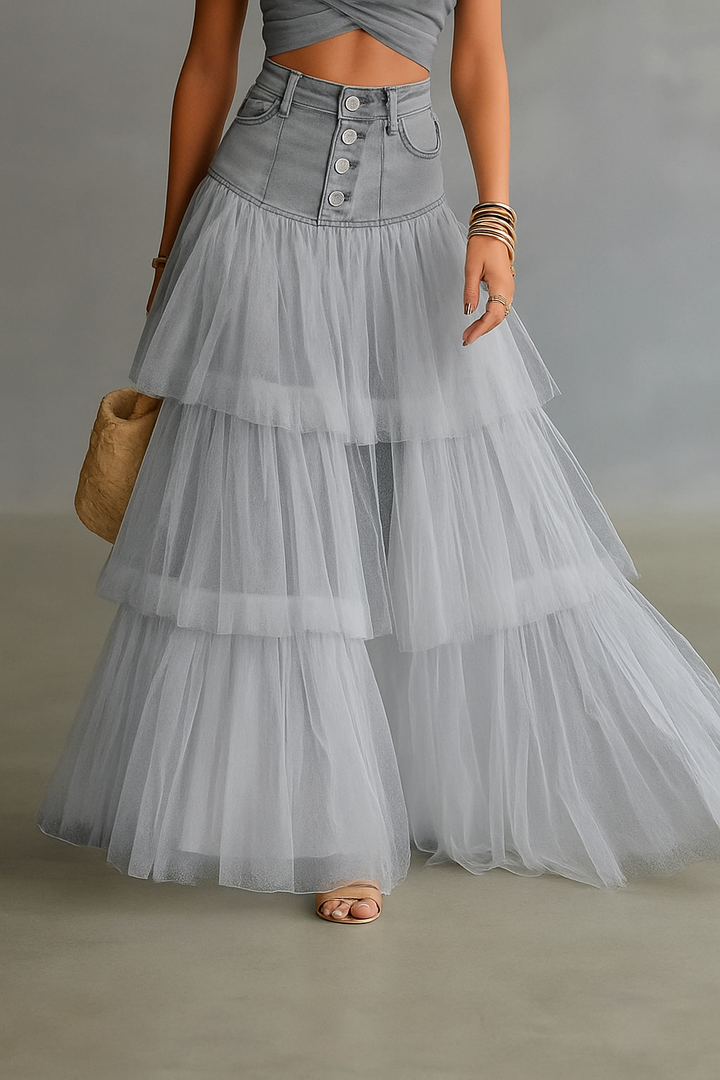 Y2K Fairycore Denim Corset Waist Tulle Maxi Skirt