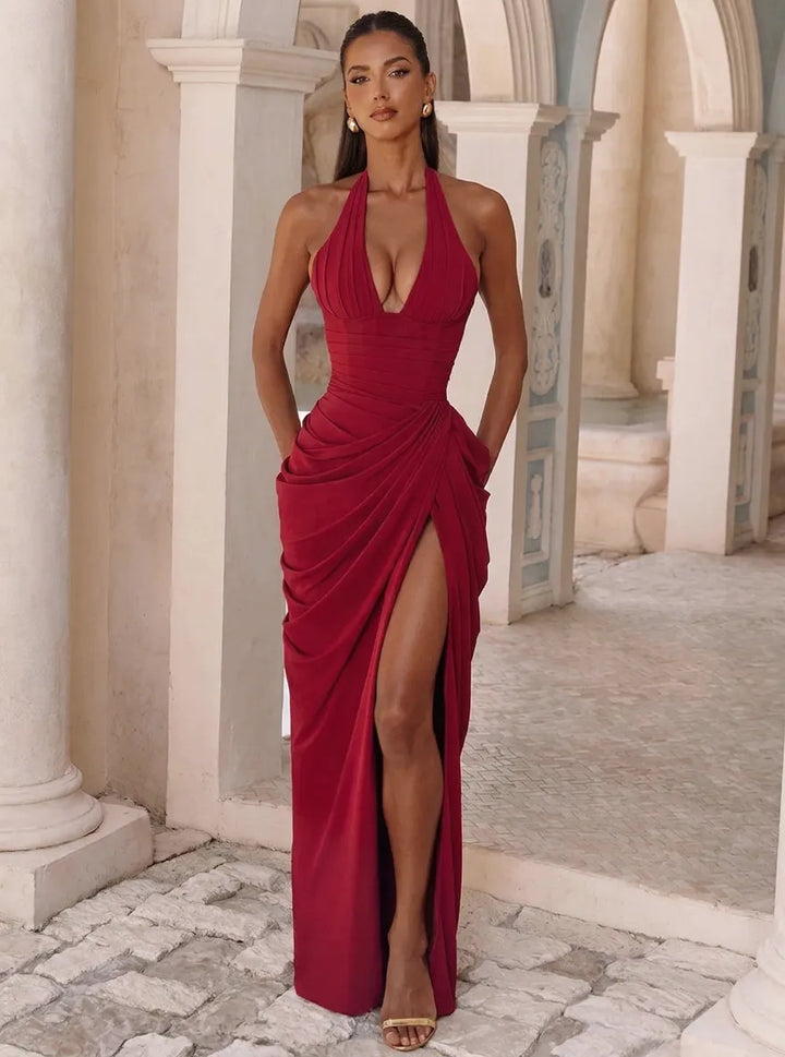 Minette Halter Back Lace-up Asymmetrical Pleats Slit Maxi Dress