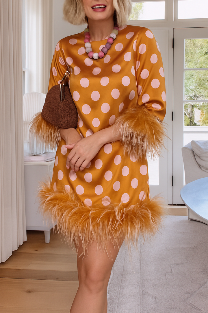 Playful and Cute Satin Polka Dot Print Half Sleeve Feather Trim H-line Mini Dress