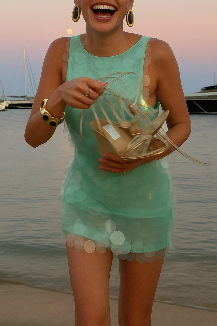 Shimmer and Glisten Sequin Boat Neck Sleeveless Open Back Mini Dress