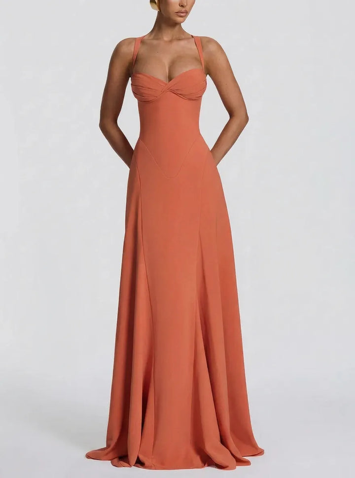 Irie Chiffon Sweetheart Neck Tapered Shoulder Straps Back Lace-up Drape Maxi Dress