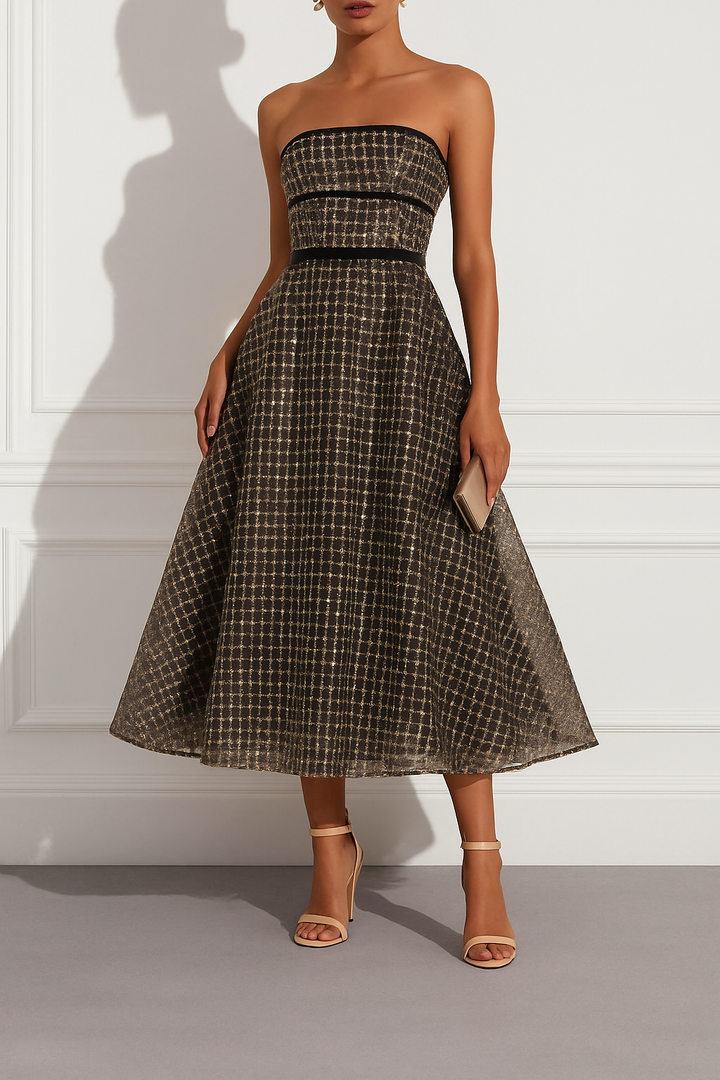 Stardust Plaid and Sequin Bow Patchwork Detail Strapless A-line Midi Dress