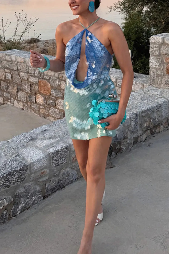 Aegean Mermaid Gradient Sequins Cutout Cowl Neck Halter Backless Mini Dress