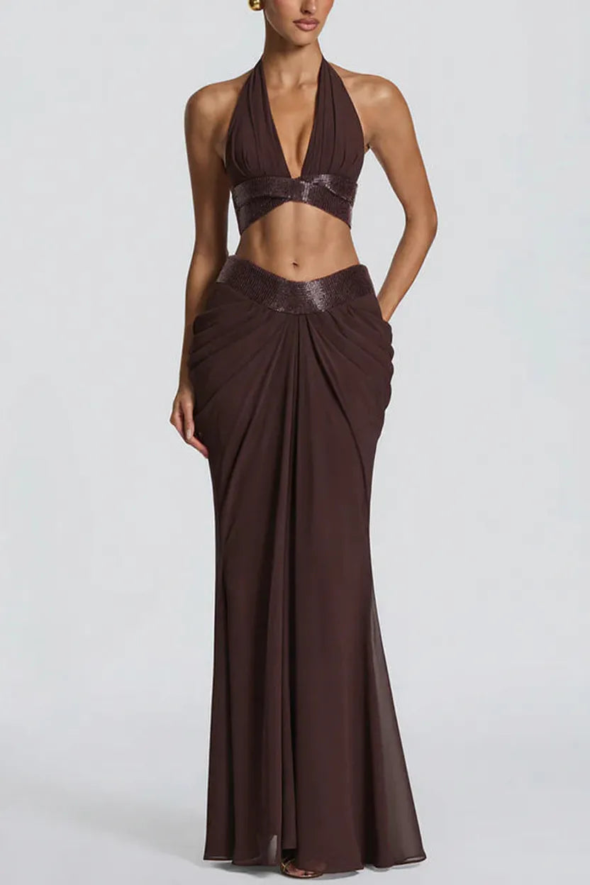Sophie Chiffon Embellished Trim Crop Halter Tank and Dramatic Gathered Drape Maxi Skirt Set