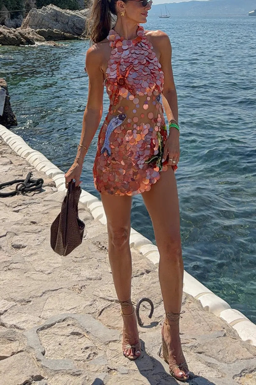 Dorothy Large Sequin Fish and Starfish Embroidery Detail Halter Mini Dress