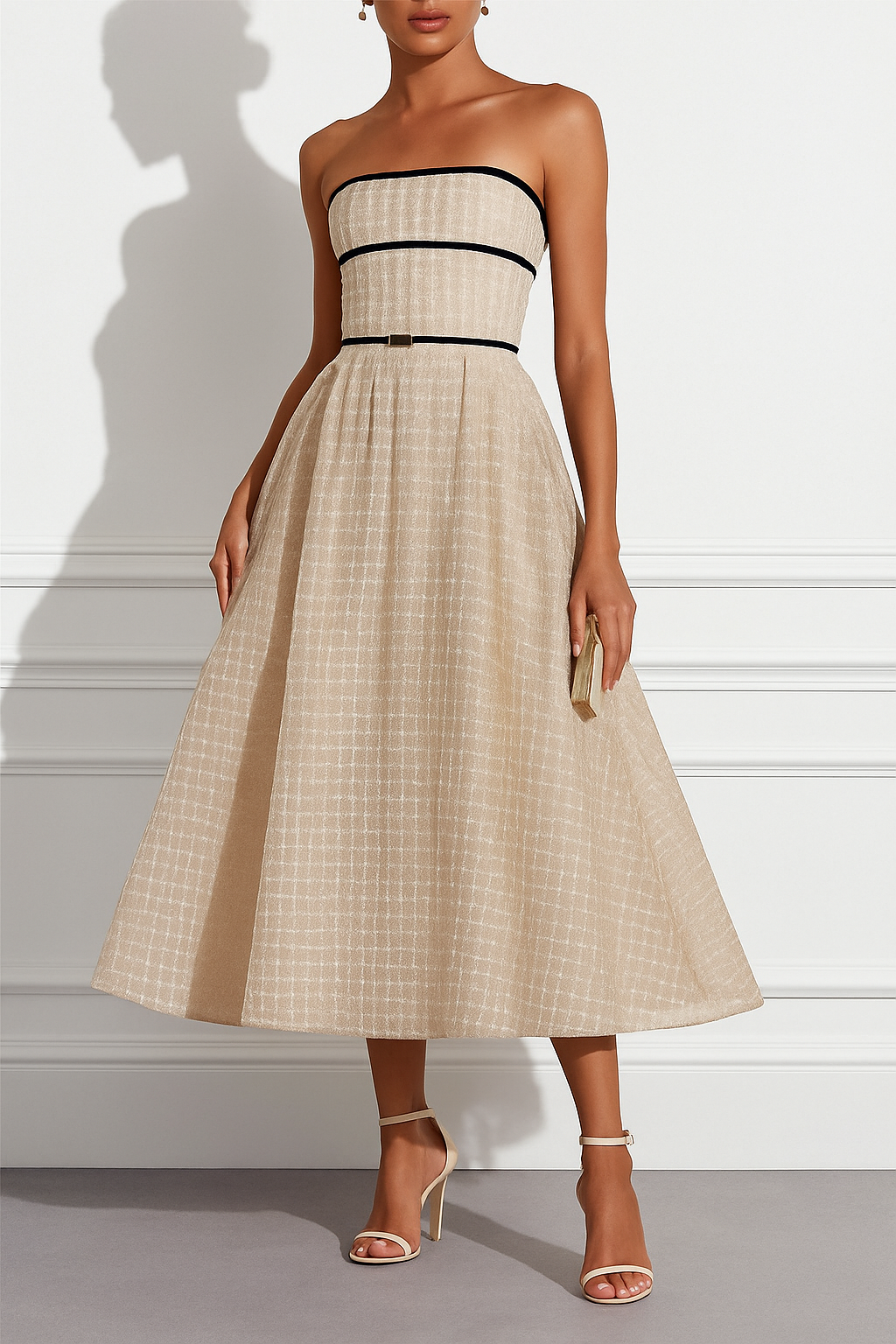 Stardust Plaid and Sequin Bow Patchwork Detail Strapless A-line Midi Dress
