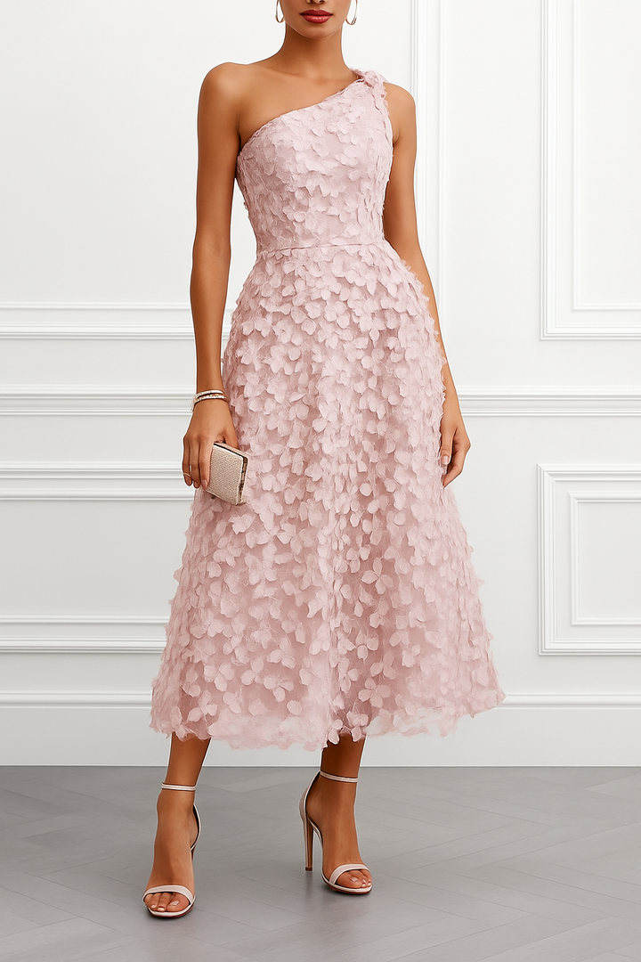 Lynelle Tulle 3D Floral Butterfly One Shoulder Sleeveless A-Line Midi Dress