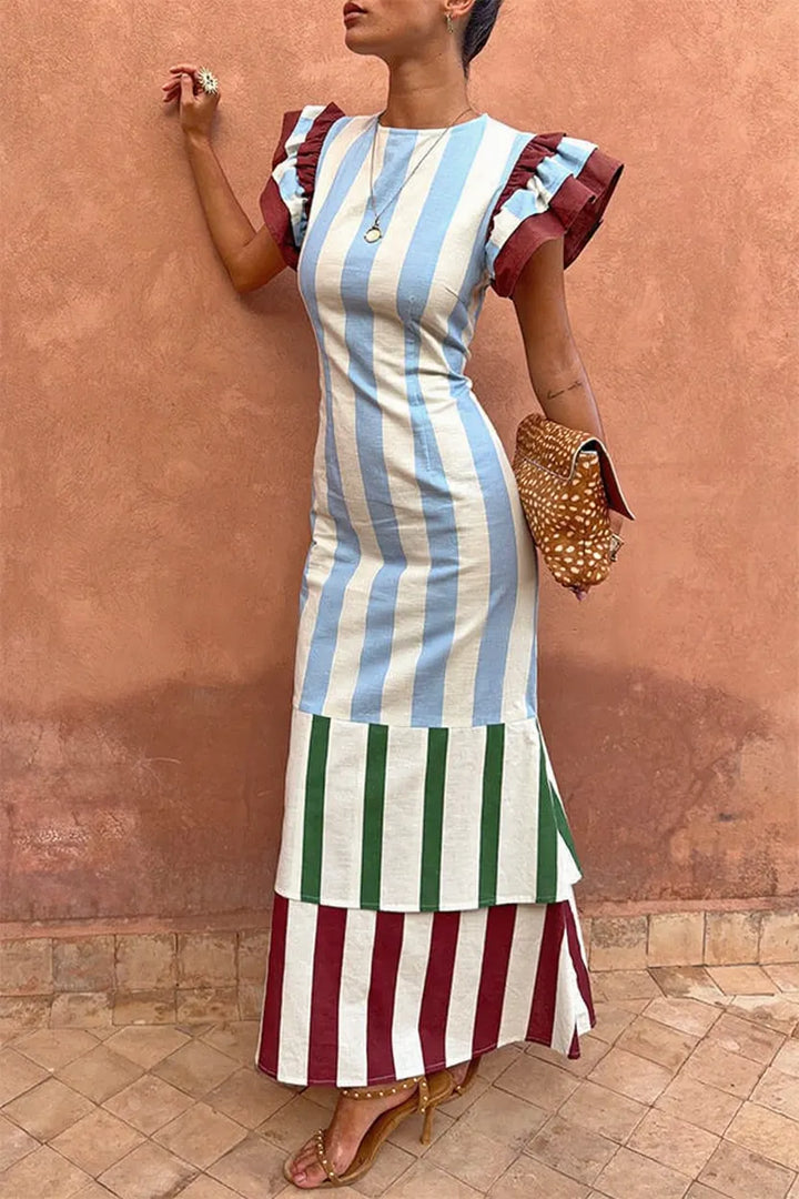 Alena Linen Blend Colorblock Striped Tiered Bell Ruffle Sleeve Maxi Dress