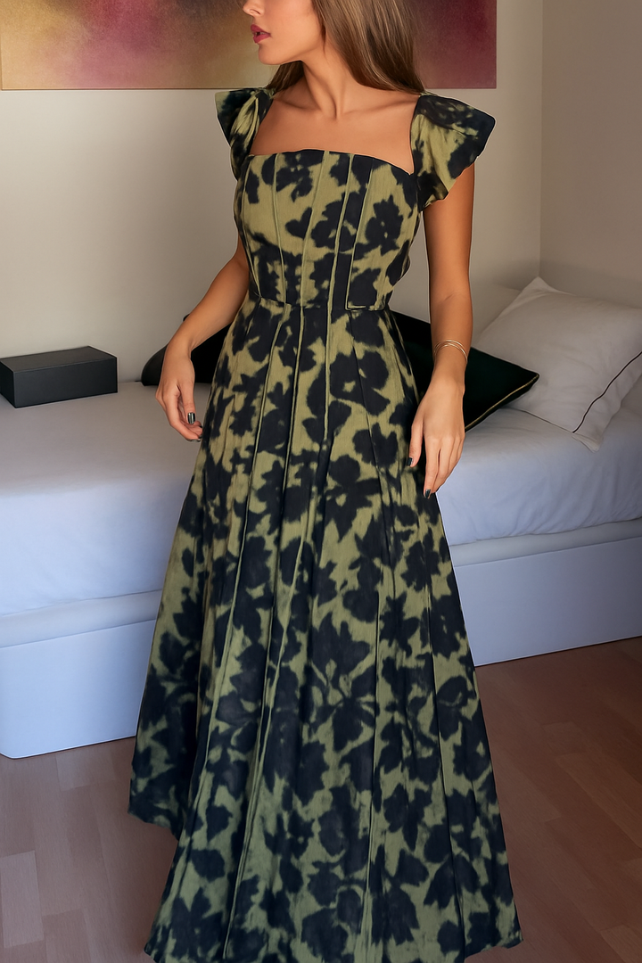 Elara Linen Blend Floral Print Princess Line Design Detachable Sleeves Maxi Dress