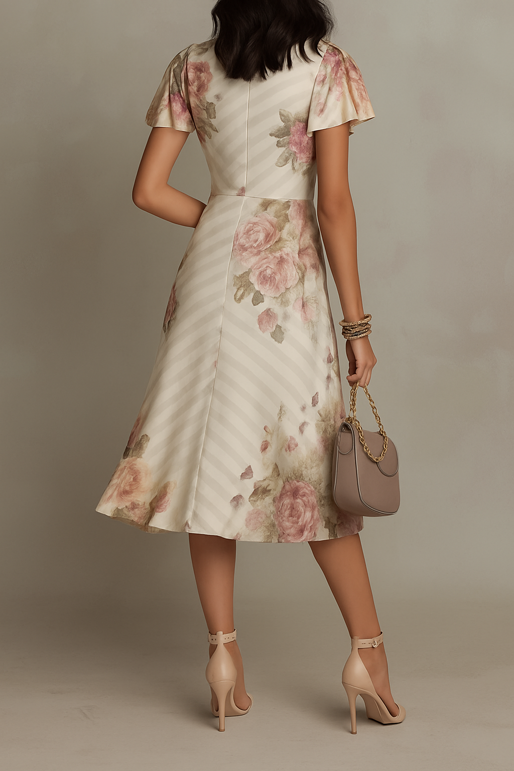 Floral Print V-neck Ruffled Sleeves Waist-cinching Pleated Elegant Midi Dress
