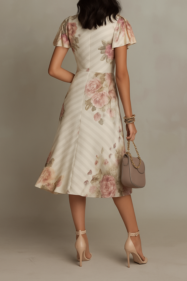 Floral Print V-neck Ruffled Sleeves Waist-cinching Pleated Elegant Midi Dress
