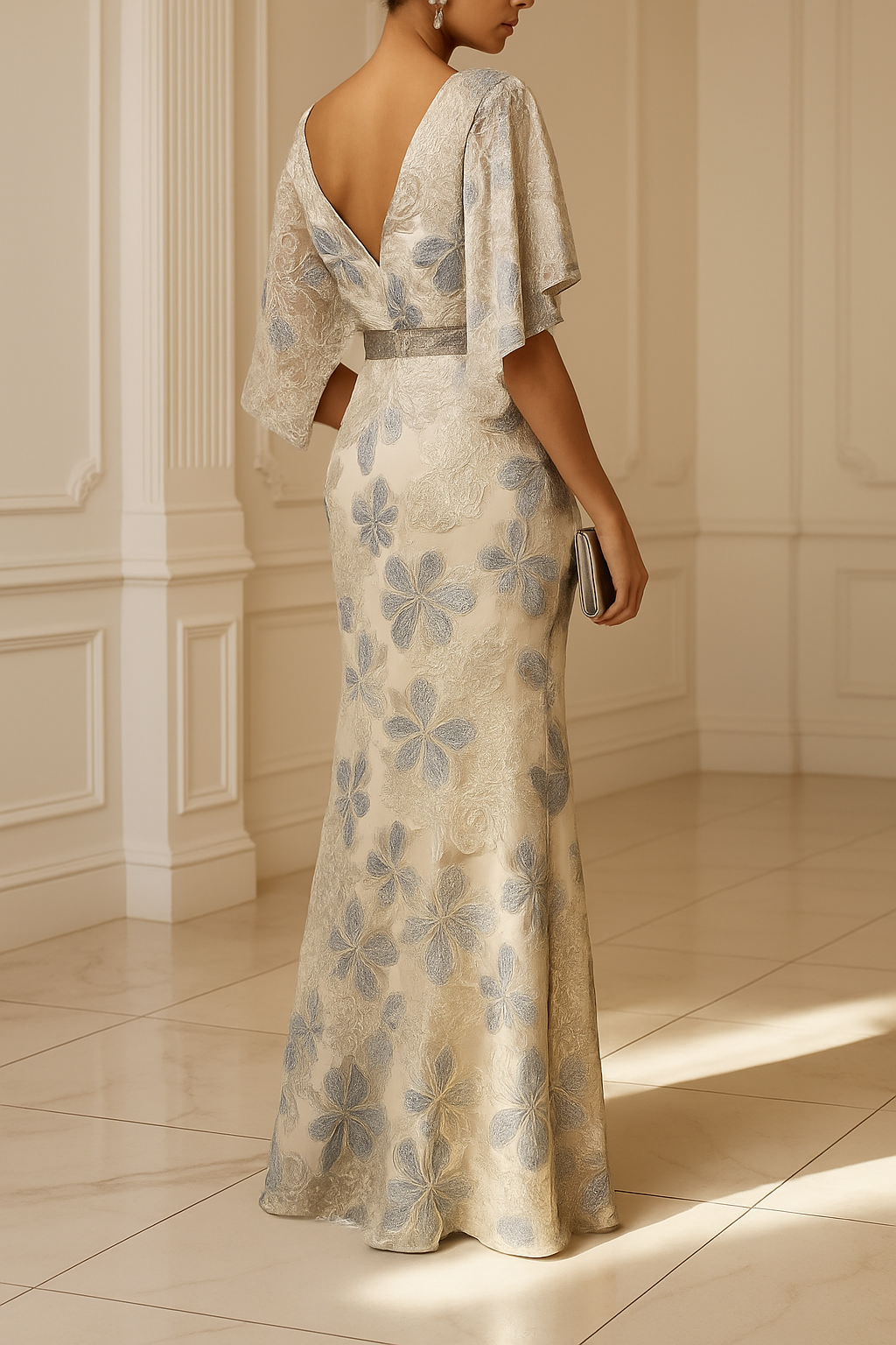 Ellie Floral Textured Diamond-embellished Belt Half Sleeve Mermaid Gown Maxi Dress