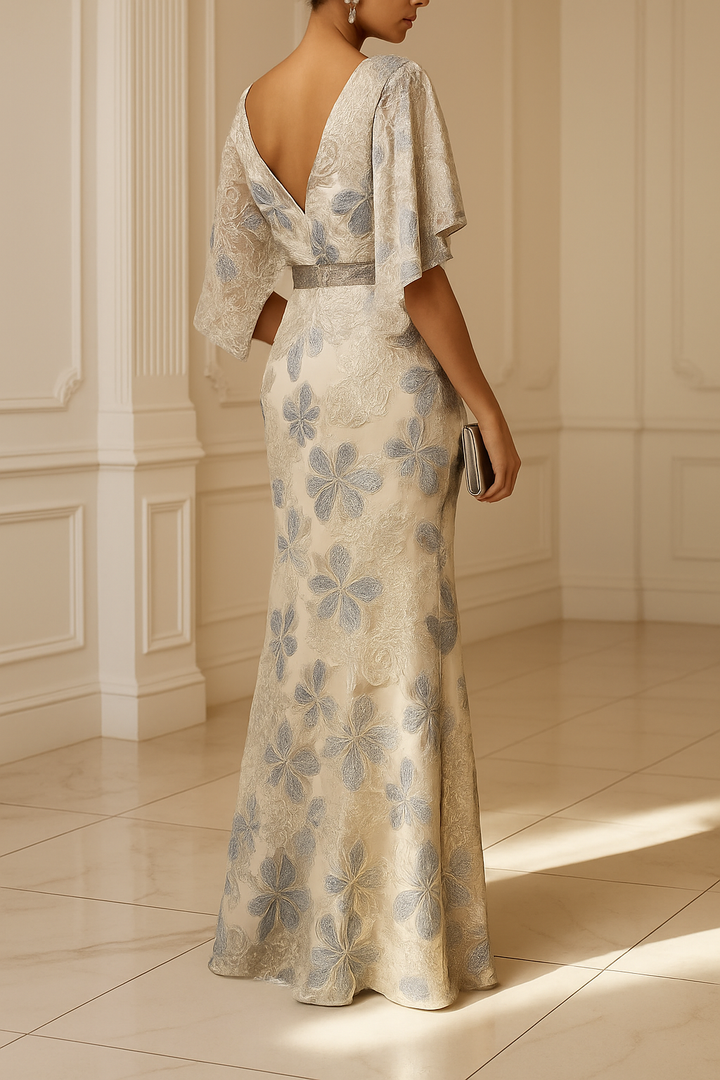 Ellie Floral Textured Diamond-embellished Belt Half Sleeve Mermaid Gown Maxi Dress