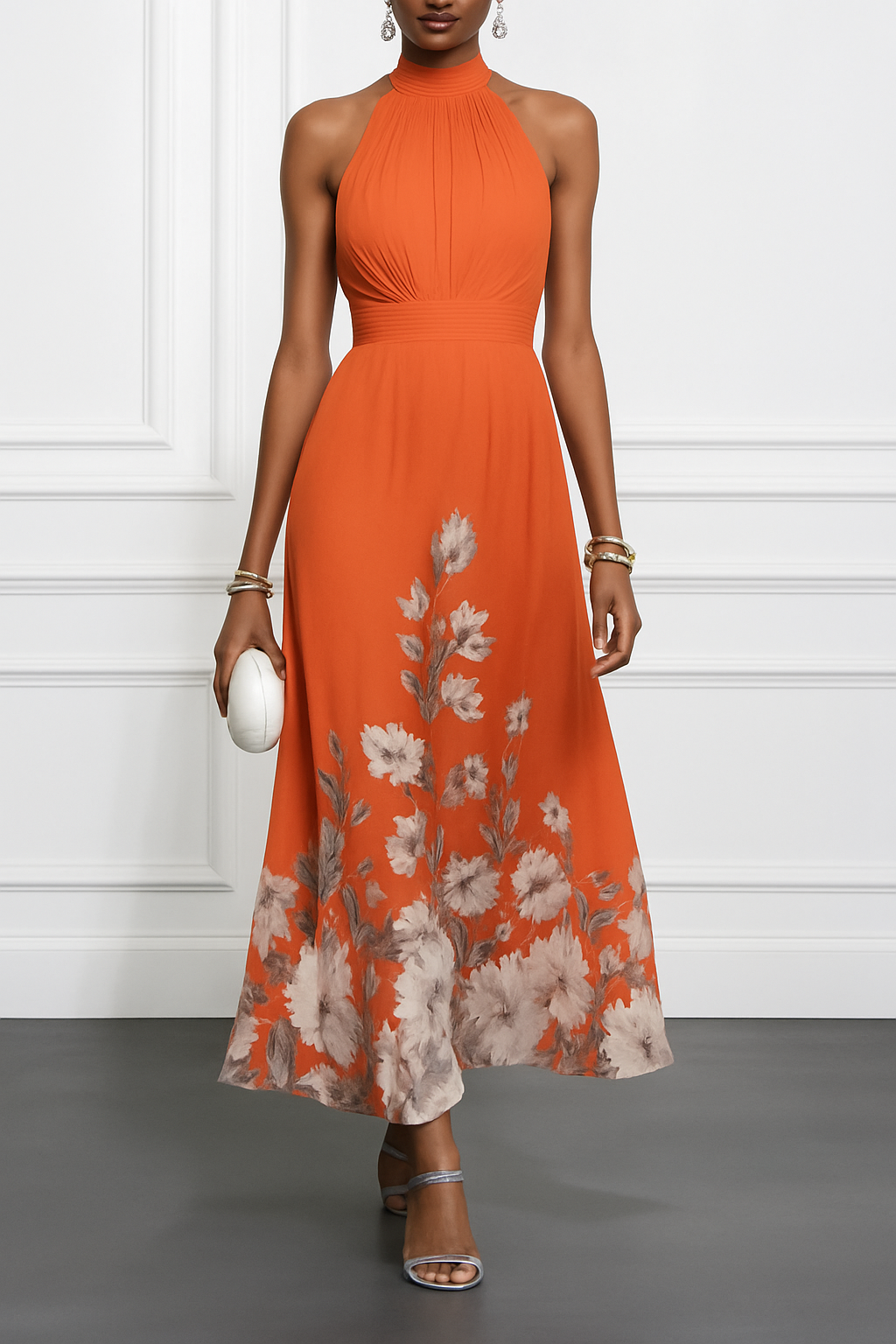 Floral Print Halter Neck Sleeveless Elegant Waist-cinching Maxi Dress