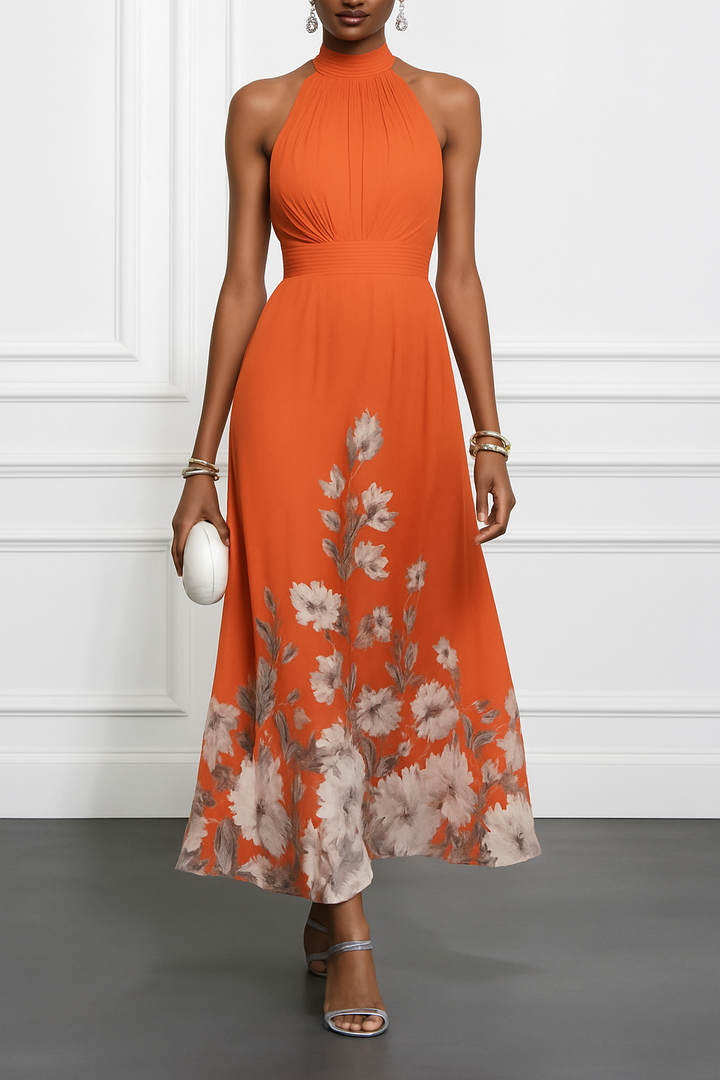 Floral Print Halter Neck Sleeveless Elegant Waist-cinching Maxi Dress