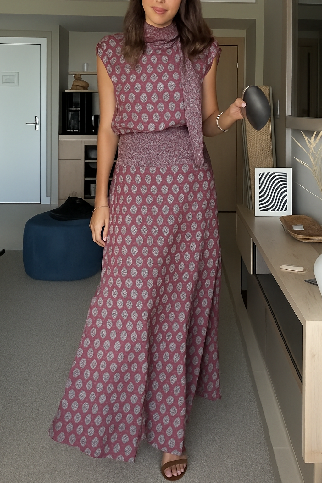 Dalena Satin Art Print High Tie-up Neck Short Sleeve Top and High Rise Maxi Skirt Set