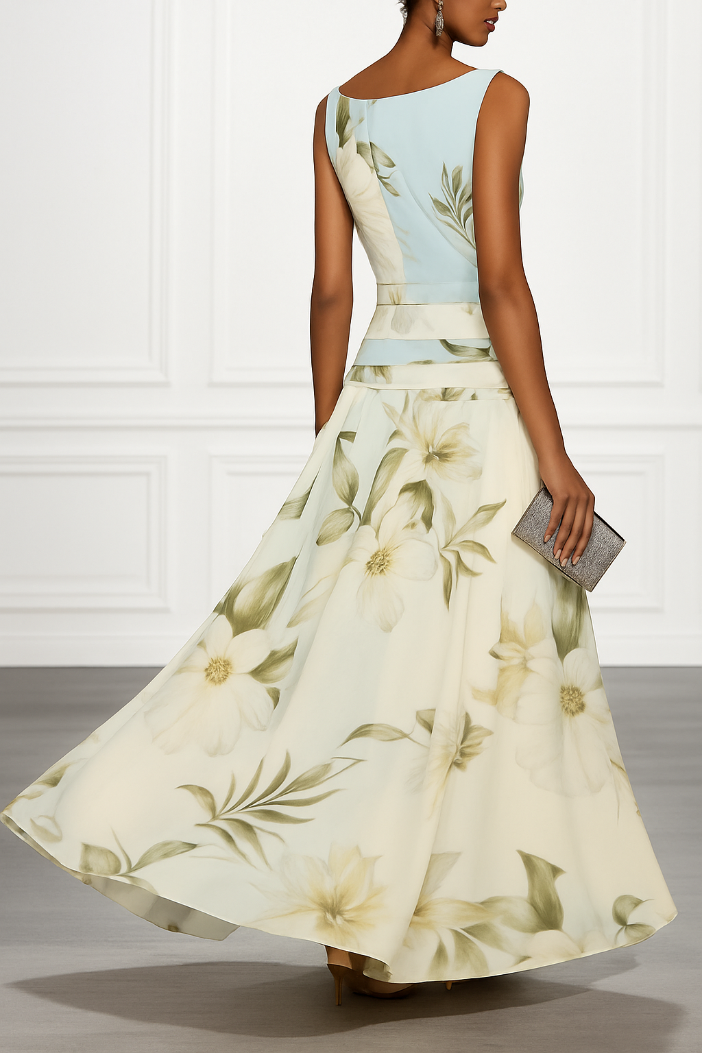 Classic Floral Print Boat Neck Ruched Waist Sleeveless A-Line Maxi Dress