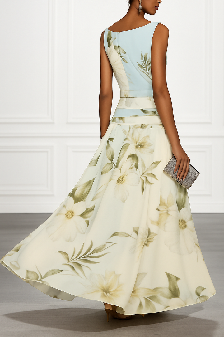 Classic Floral Print Boat Neck Ruched Waist Sleeveless A-Line Maxi Dress