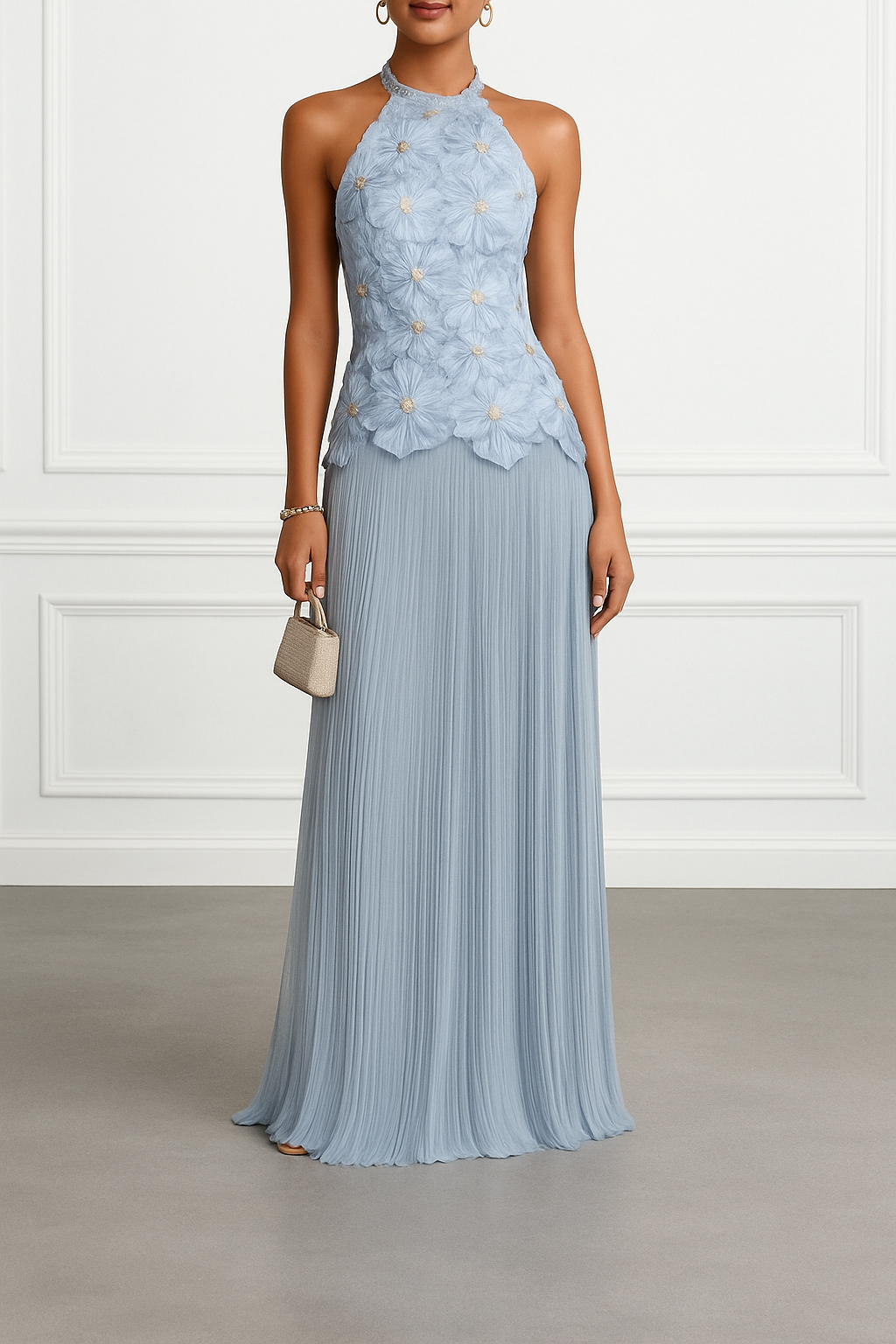 Emilie 3D Floral Embroidery Pleated Chiffon Hem Halter Neck Sleeveless Maxi Dress