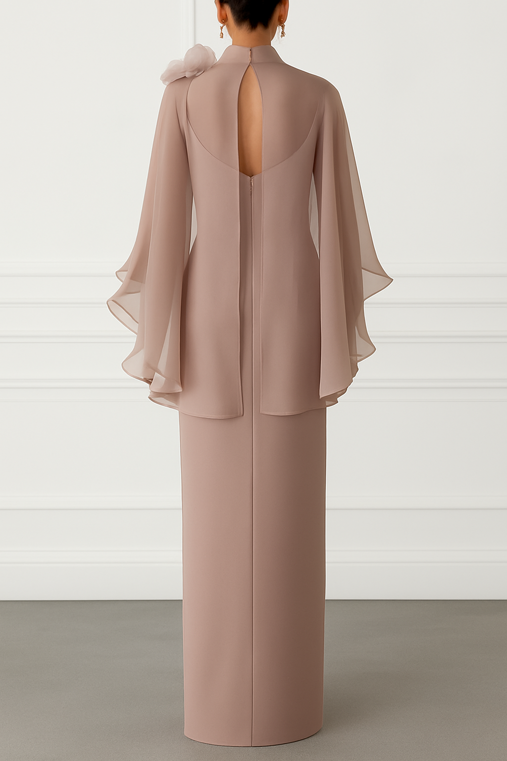 Tallisa 3D Floral Mesh Mock Neck Half Cape Sleeve Gown Maxi Dress