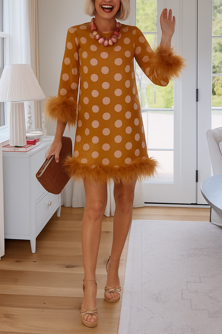 Playful and Cute Satin Polka Dot Print Half Sleeve Feather Trim H-line Mini Dress