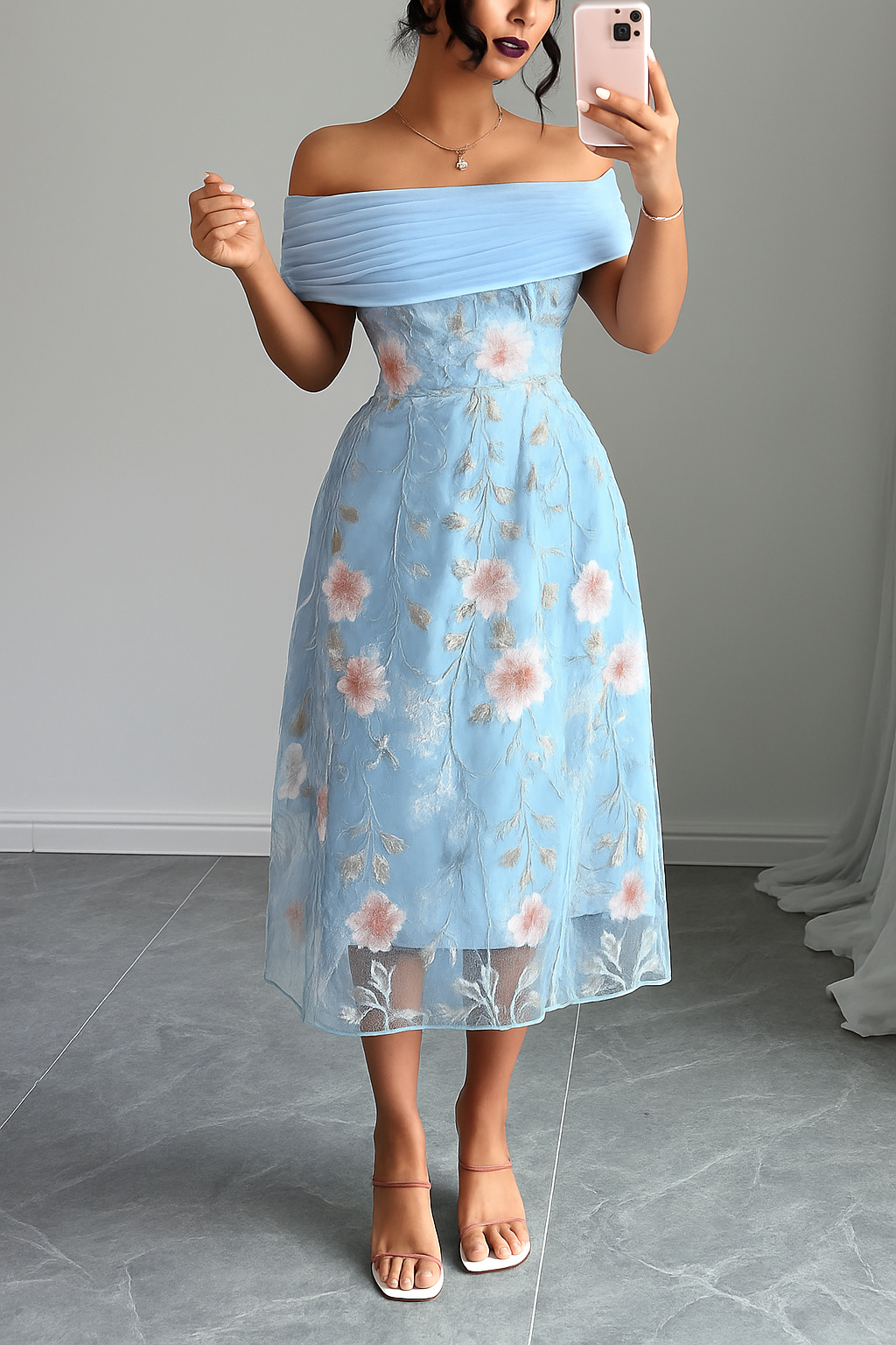Elegant Ruched Off-Shoulder Floral Appliqué Midi Dress