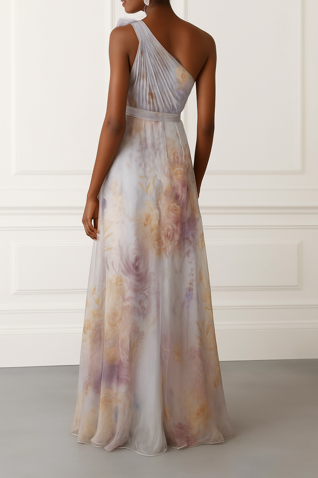 Verne Chiffon 3D Floral One Shoulder Pleated Sleeveless A-Line Gown Maxi Dress