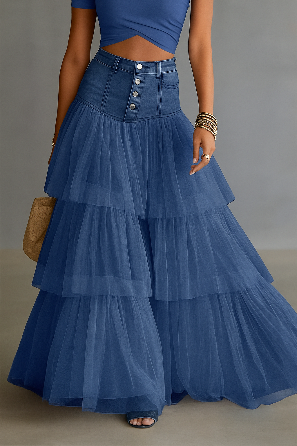 Y2K Fairycore Denim Corset Waist Tulle Maxi Skirt