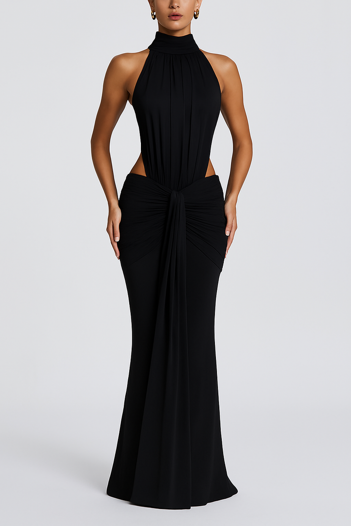 Thekla Stretch Slinky Jersey High Neck Ruched Backless Drape Maxi Dress