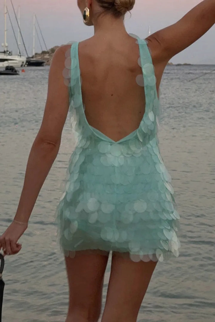 Shimmer and Glisten Sequin Boat Neck Sleeveless Open Back Mini Dress