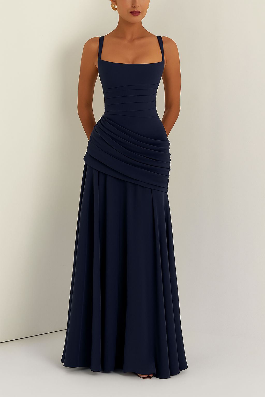 Stylish Spaghetti Strap Square Neck Slim-fit Elegant Pleated Maxi Dress