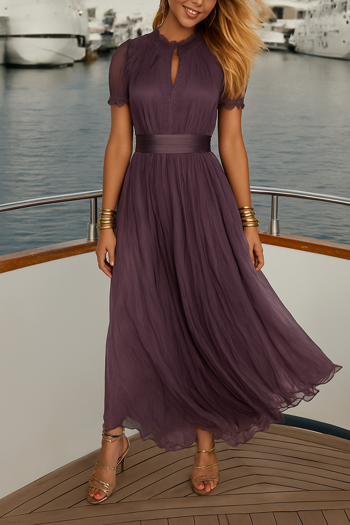 Lamberty Chiffon Lace Trim Cutout Neck Puff Sleeve Elastic Waist Maxi Dress