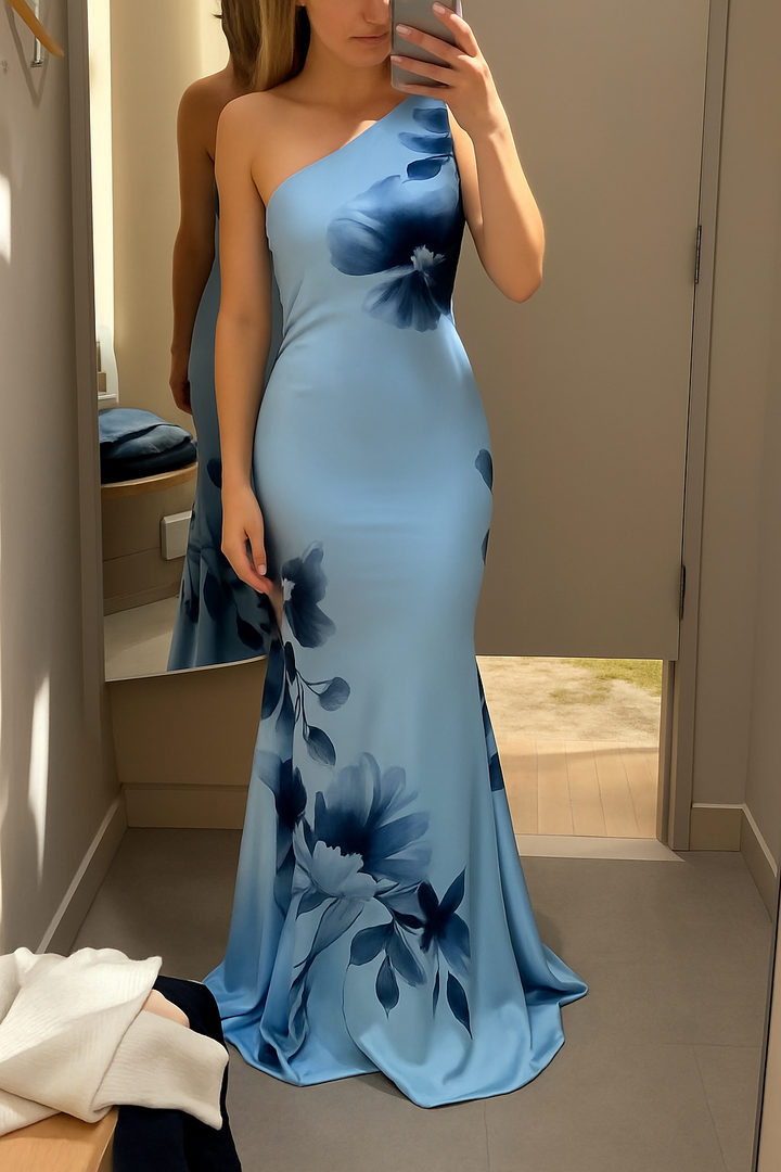 Floral Print One-shoulder Sleeveless Elegant Slim-fit Maxi Dress