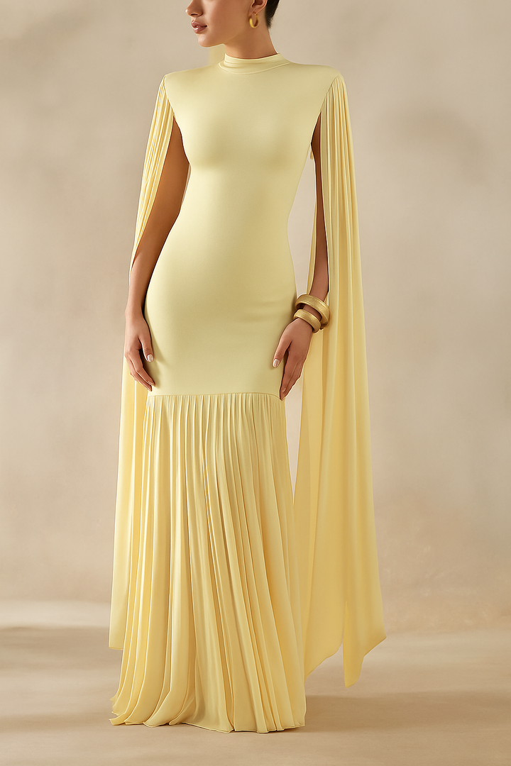 Elegant High-Neck Cape Detail Maxi Dress