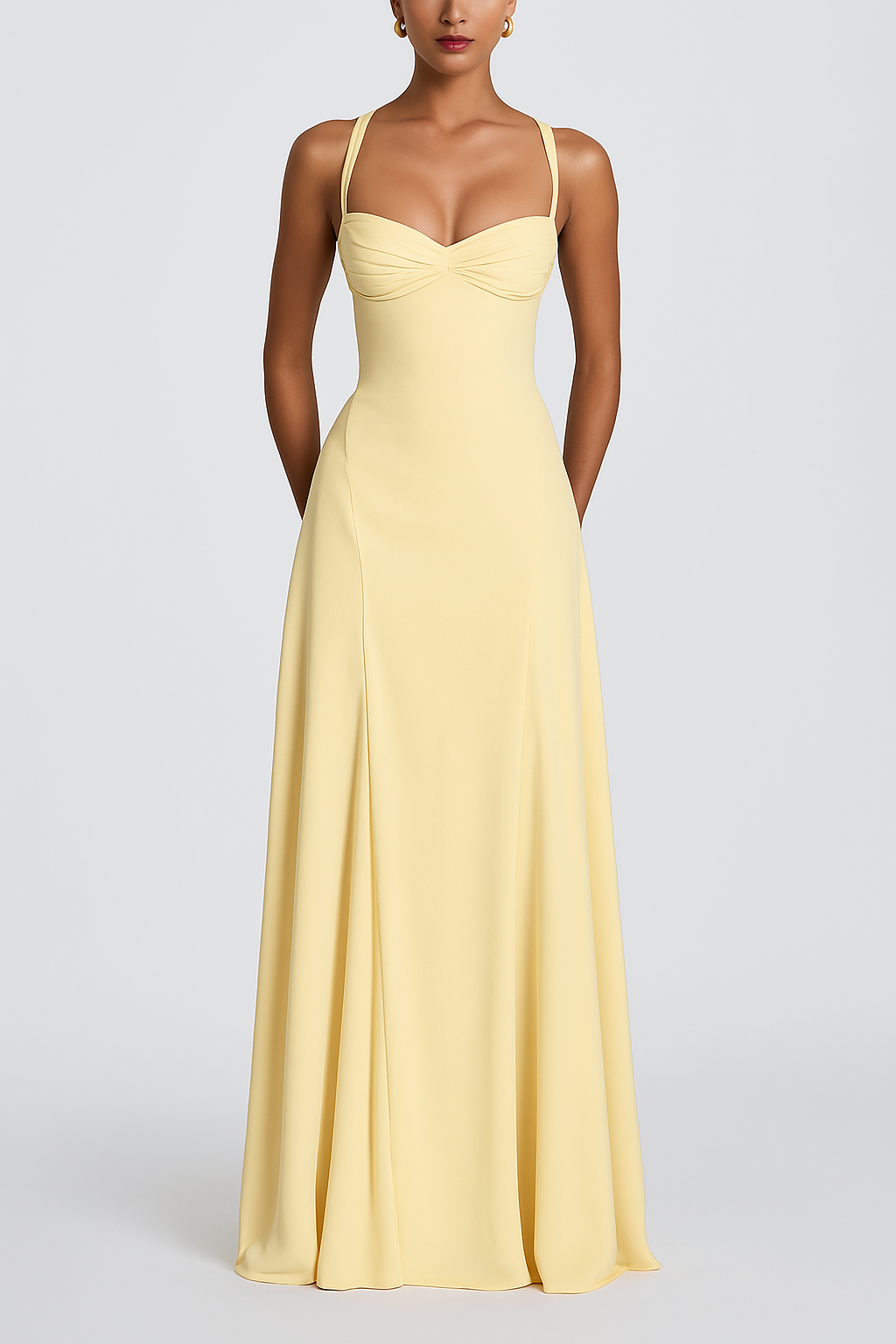Irie Chiffon Sweetheart Neck Tapered Shoulder Straps Back Lace-up Drape Maxi Dress