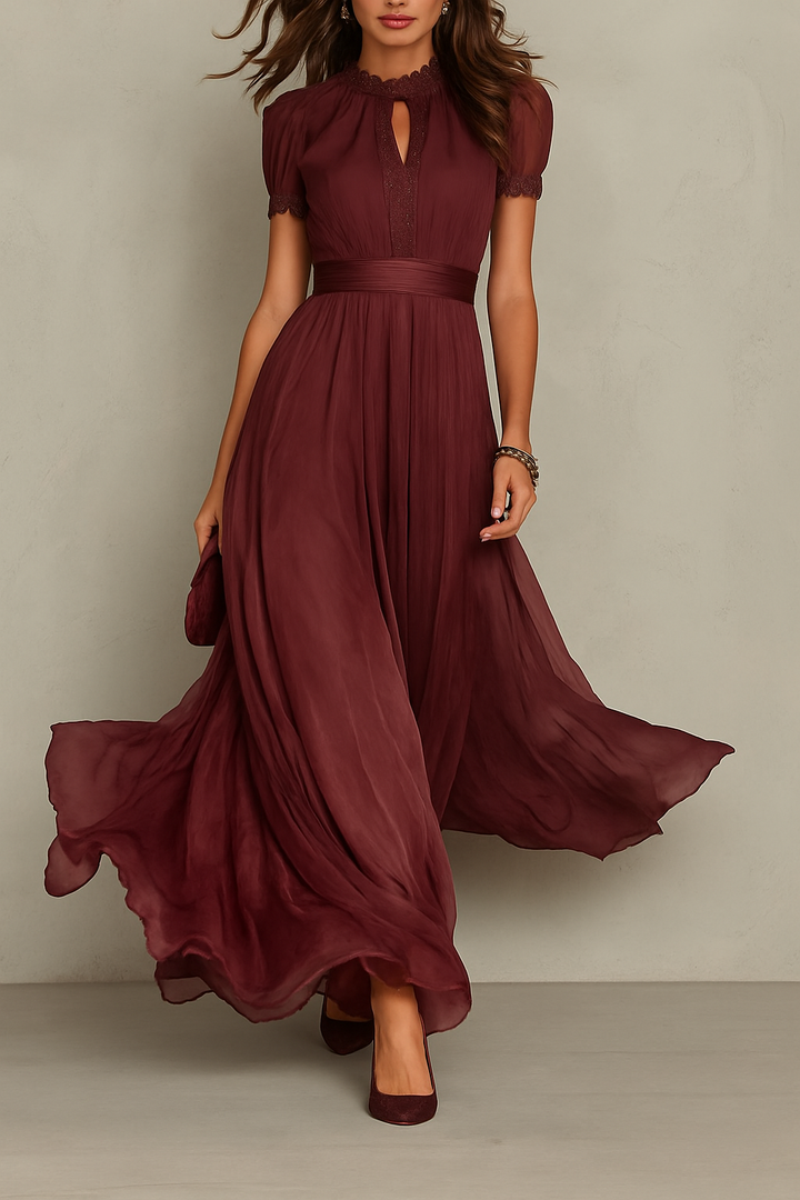 Elegant Lace Trim Keyhole Puff Sleeve Flowing Chiffon Maxi Dress