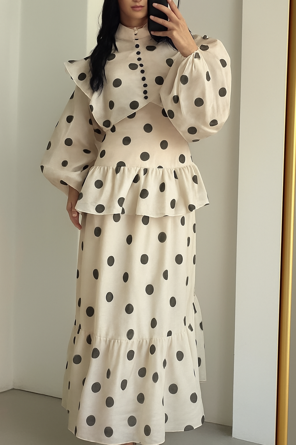 Stylish Polka Dot Print Stand Collar Long Sleeve Elegant Ruffle Maxi Dress
