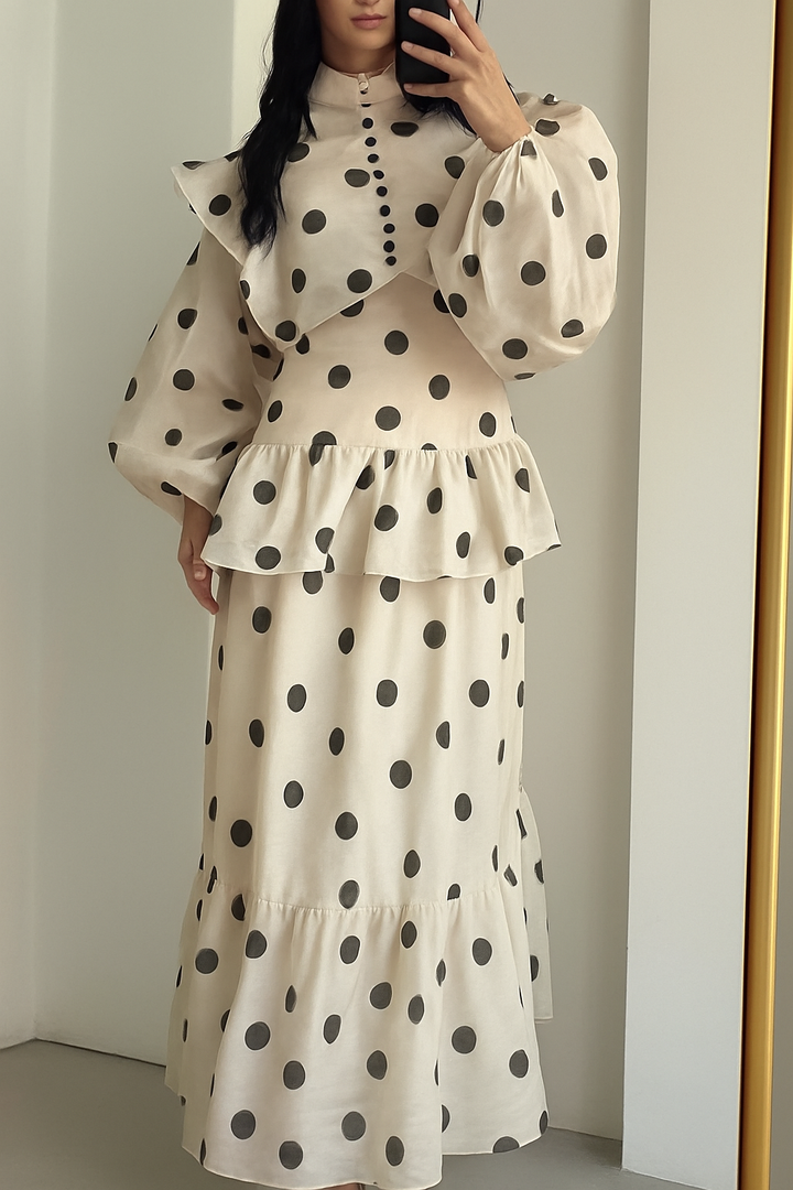 Stylish Polka Dot Print Stand Collar Long Sleeve Elegant Ruffle Maxi Dress