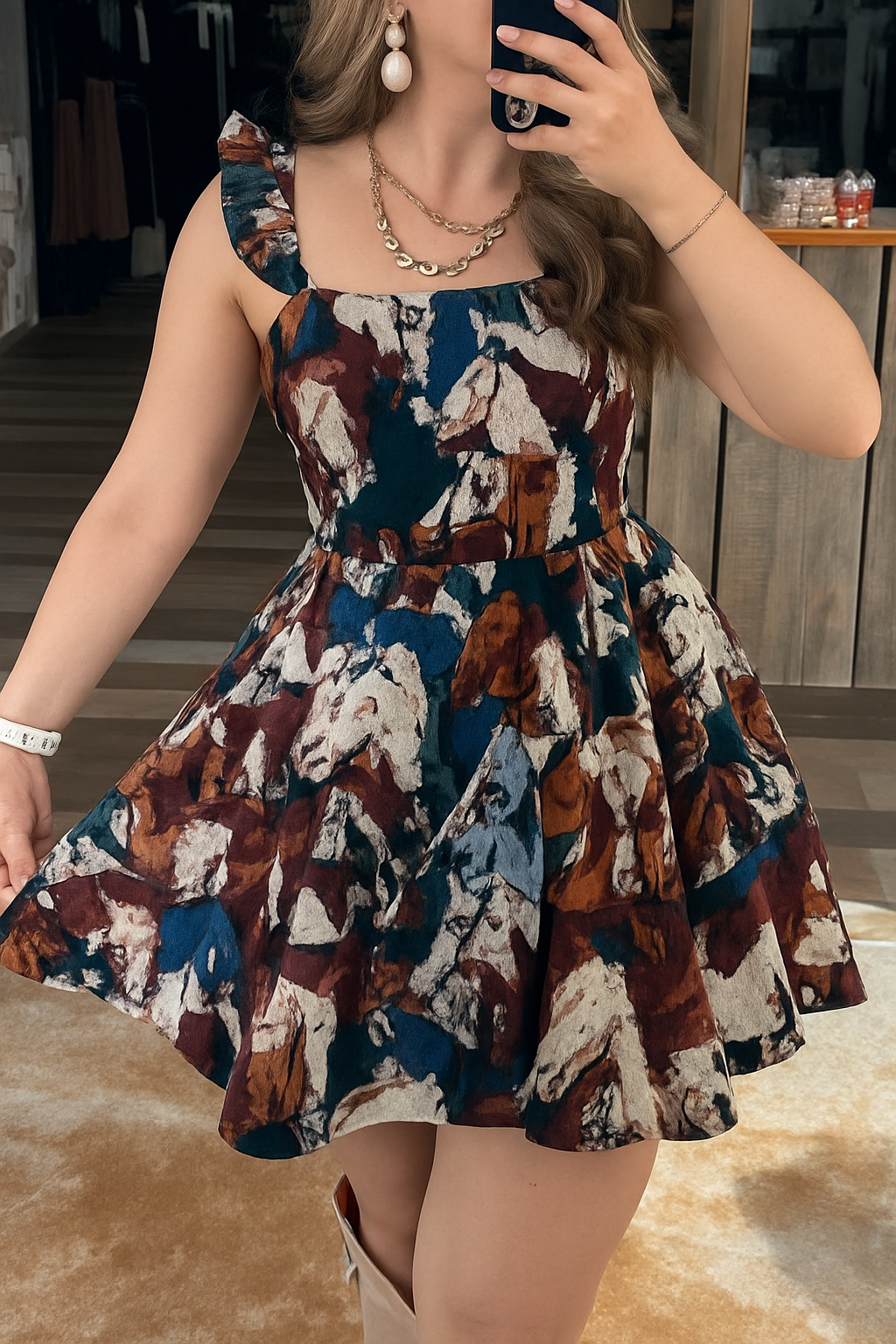 Fashionable Horse Print Square Neck Sleeveless Elegant Slim-fit Mini Dress