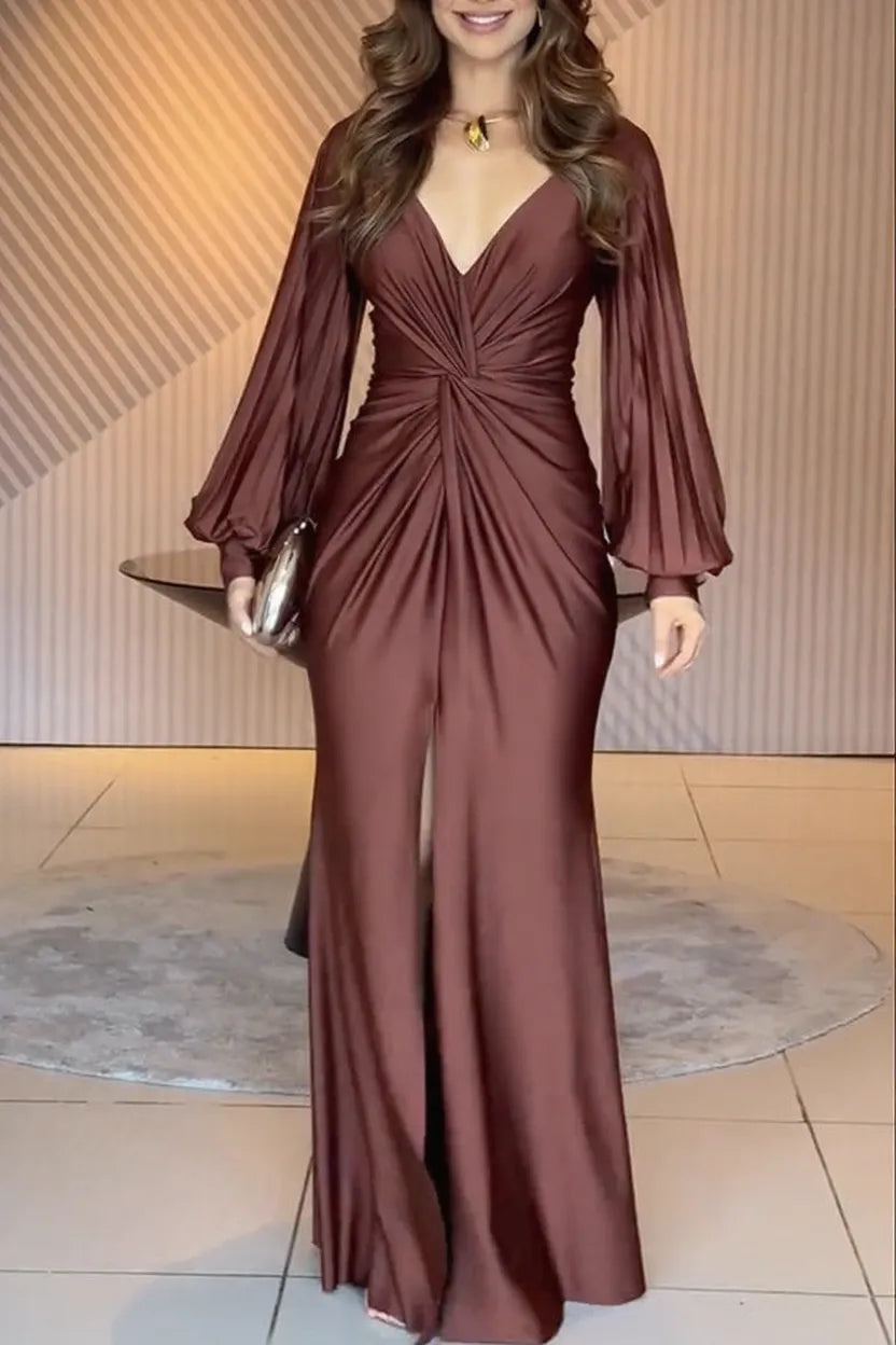 Raise A Toast Satin Long Balloon Sleeve Twist Waist Slit Maxi Dress