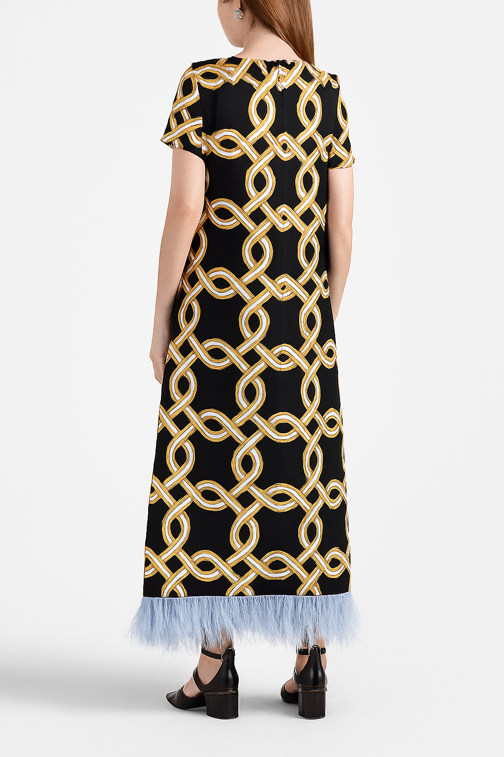 Annalisa Satin Court Style Contrast Color Printed Short Sleeve Pocket Feather Trim Maxi Dress