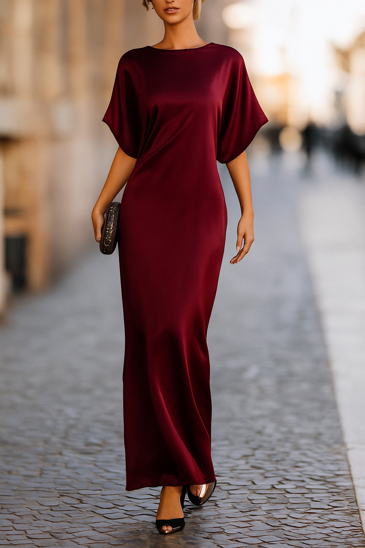 Solid Color Round Neck Short-sleeved Elegant Draped Maxi Dress