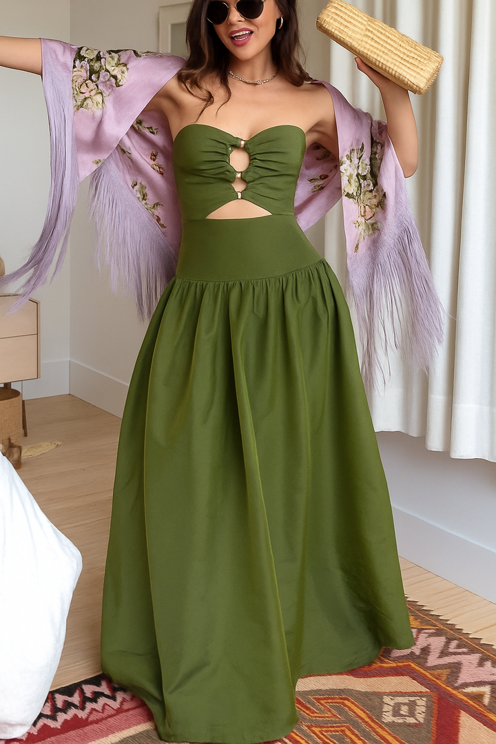 Elinna Silk Taffeta Crystal Rings Cut-out Detail Strapless Maxi Dress