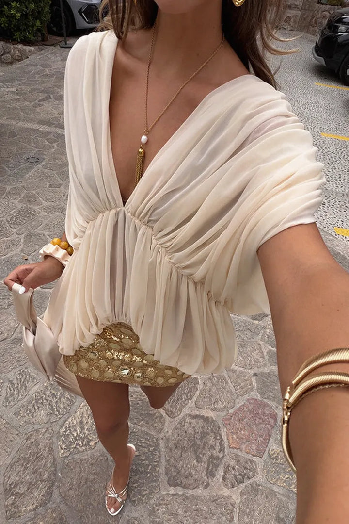 Ethereal and Romantic Ruched Chiffon V-neck Batwing Sleeves Blouse