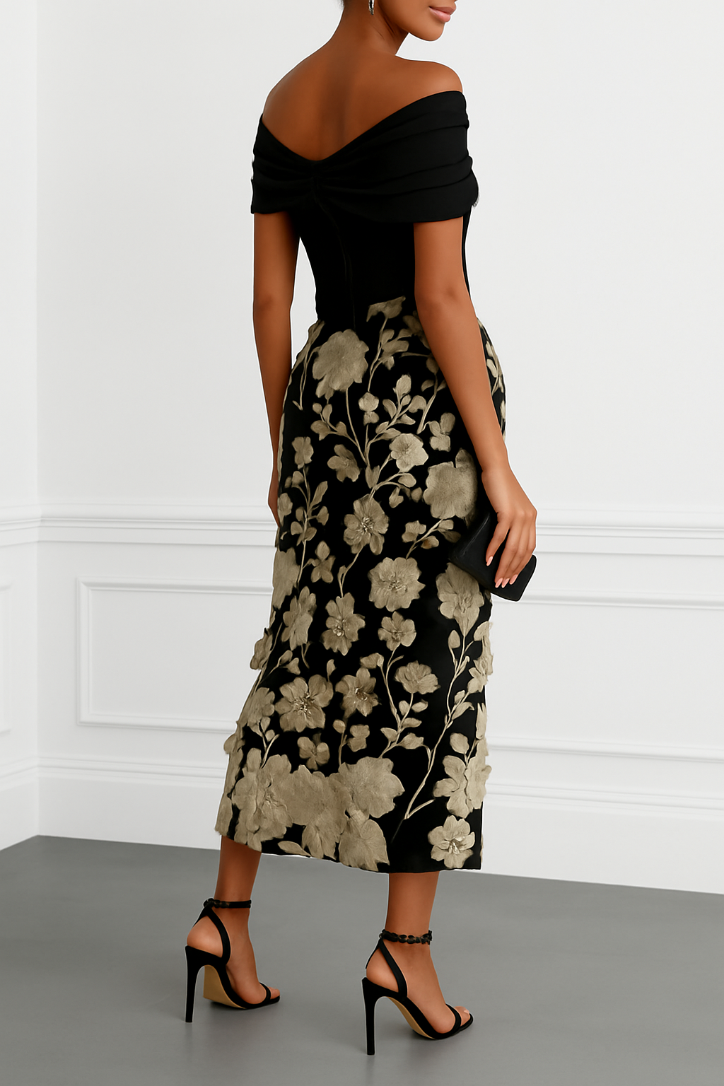 Classic 3D Floral Embroidery Off The Shoulder Short Sleeve Sheath Midi Dress