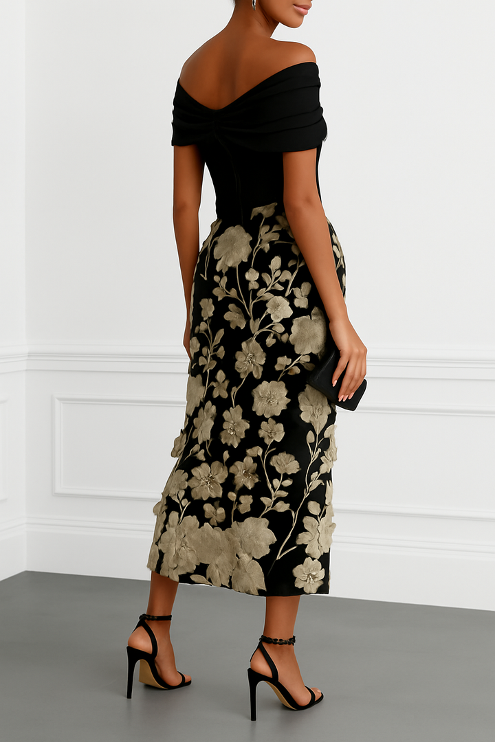 Classic 3D Floral Embroidery Off The Shoulder Short Sleeve Sheath Midi Dress