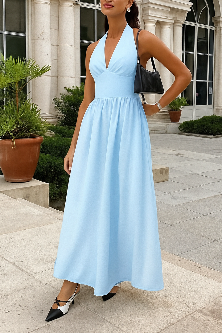 Solid Color Halter Neck Tie Elegant Backless Waist-cinching Maxi Dress