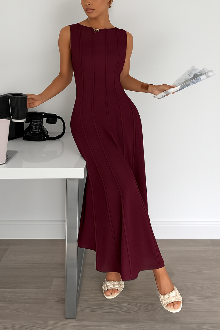 Solid Color Round Neck Sleeveless Elegant Pleated Casual Maxi Dress