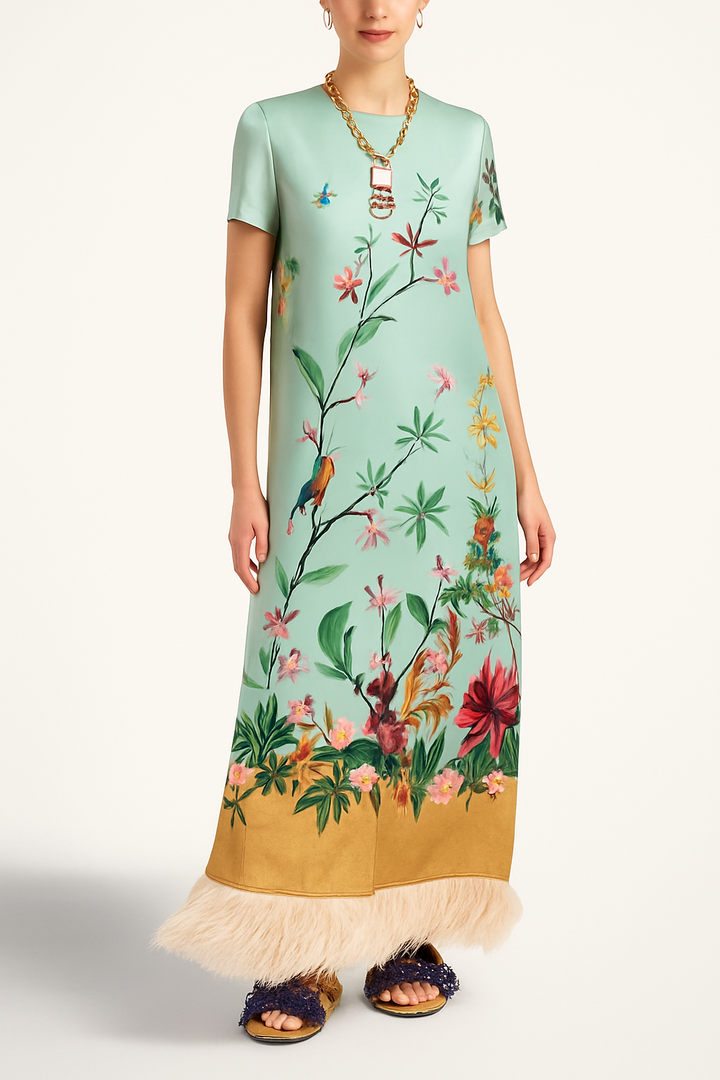 Mezcal Satin Floral Print Contrast Color Printed Short Sleeve Pocket Feather Trim Maxi Dress